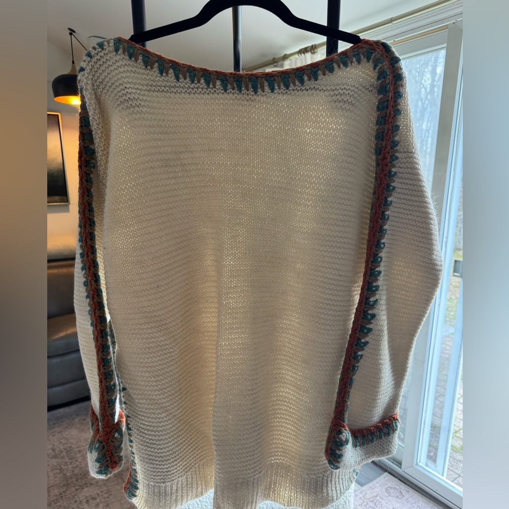 Calypso St. Barth Cream Off-the-Shoulder Sweater with Teal & Rust Trim